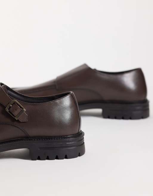 ASOS DESIGN two strap monk shoes with cleated sole in brown leather, 3 of 4