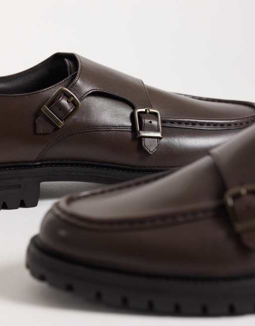 ASOS DESIGN two strap monk shoes with cleated sole in brown leather, 4 of 4