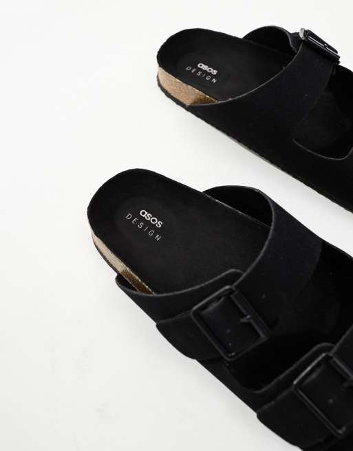 ASOS DESIGN two strap sandals in black faux suede with cork sole, 2 of 4