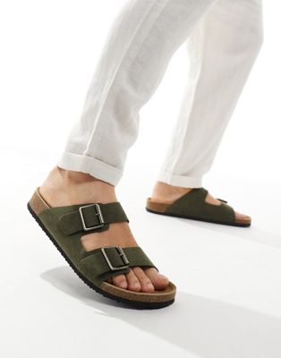 Asos Design Two Strap Sandals In Khaki Faux Suede-green