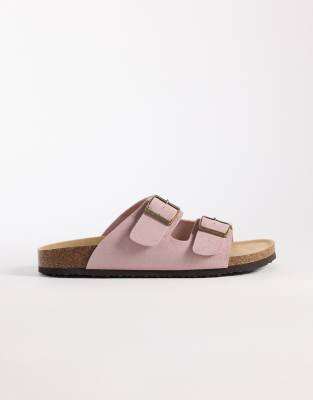  two strap sandals with cork sole in light pink bonded suede