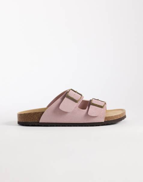ASOS DESIGN two strap sandals with cork sole in light pink bonded suede - view 1