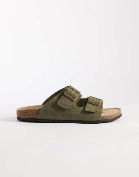 ASOS DESIGN two strap sandals with cork sole in sage bonded suede - view 1