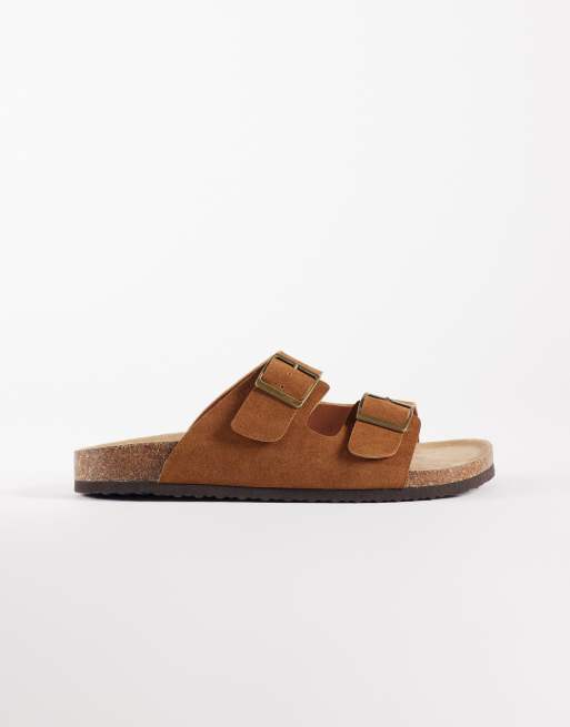 ASOS DESIGN two strap sandals with cork soles in tan bonded suede, 2 of 4