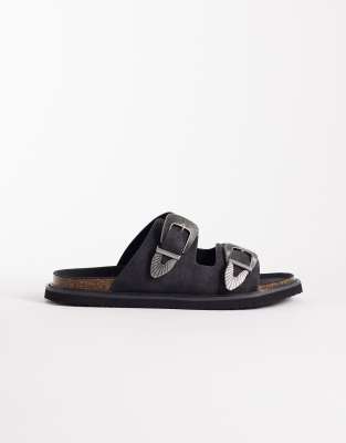  two strap sandals with western buckles in black