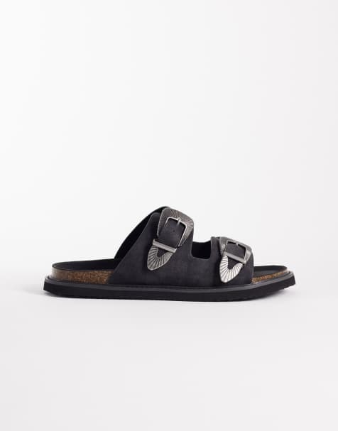 ASOS DESIGN two strap sandals with western buckles in black - view 1