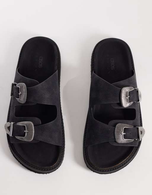 ASOS DESIGN two strap sandals with western buckles in black, 3 of 4