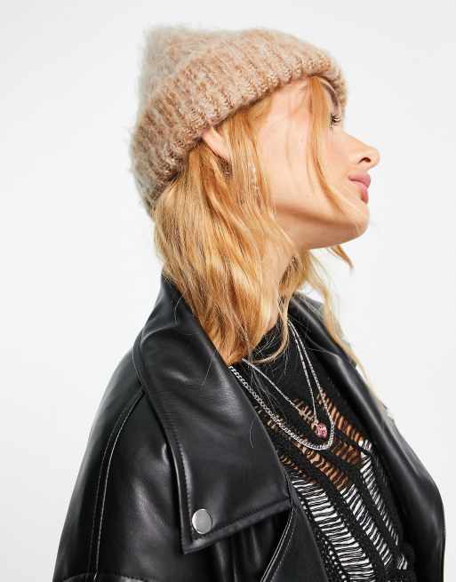 ASOS DESIGN two tone fluffy beanie in camel, 4 of 4