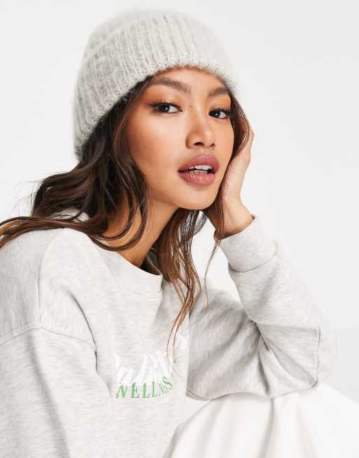ASOS DESIGN two tone fluffy beanie in ice grey
