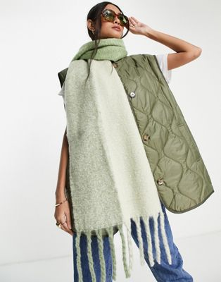 ASOS DESIGN two tone fluffy scarf with tassels in sage