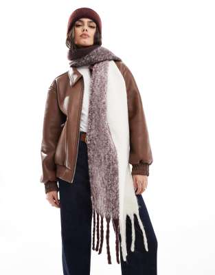 two tone fluffy tassel scarf in burgundy and mink-Multi