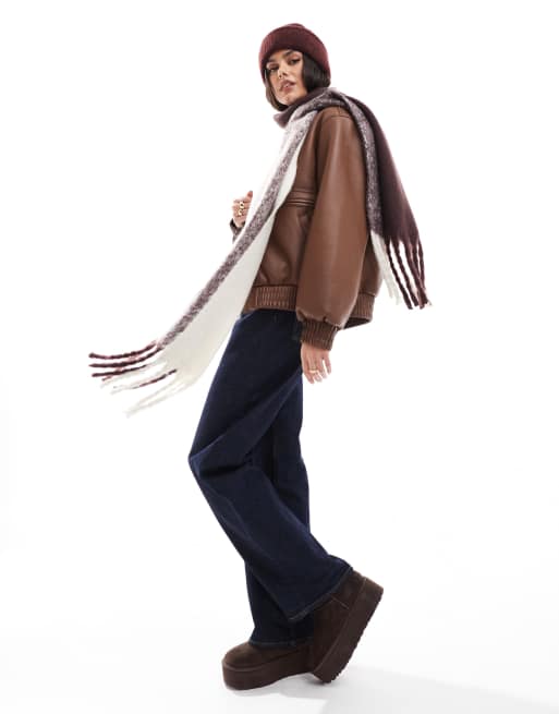 ASOS DESIGN two tone fluffy tassel scarf in burgundy and mink, 3 of 3