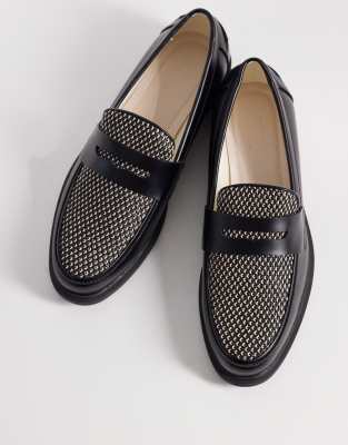  two tone penny loafers with raffia detail in black and cream