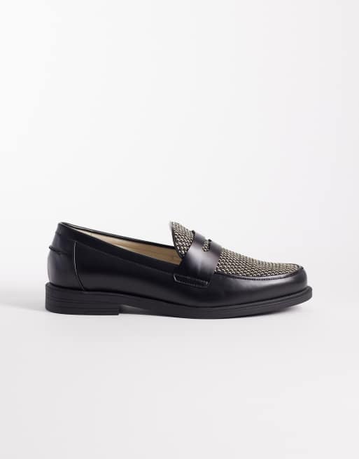 ASOS DESIGN two tone penny loafers with raffia detail in black and cream, 2 of 4