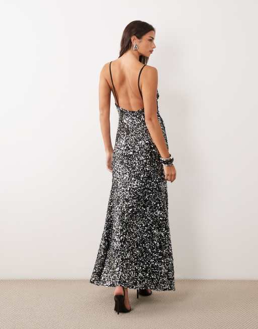 ASOS DESIGN two tone sequin maxi dress with square neck detail in black and silver, 3 of 4