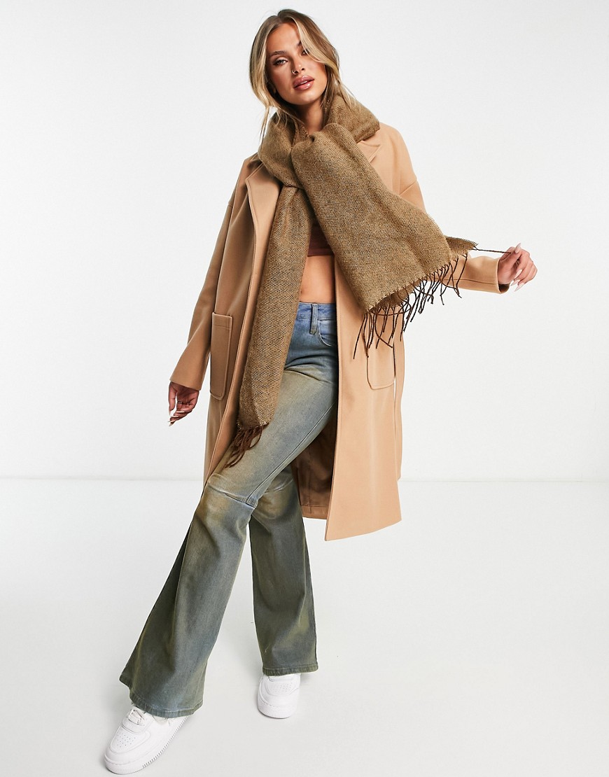 ASOS DESIGN two tone supersoft scarf with tassels in camel-Neutral