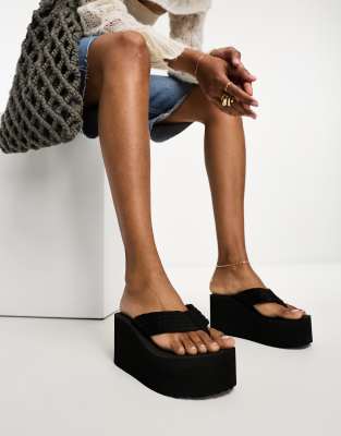 Asos Design Tye Toe Thong Wedge Sandals In Black