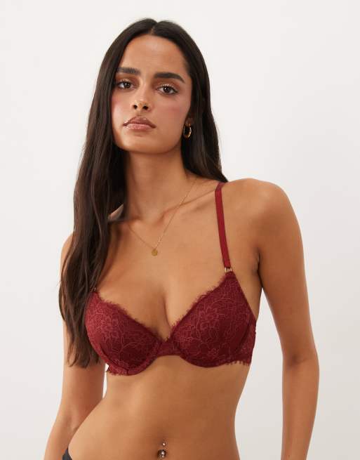 ASOS DESIGN Tyla eyelash lace moulded bra in burgundy, 3 of 4