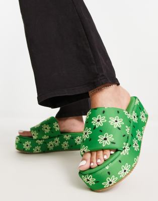 Asos Design Tyla Padded Flatform Sandals In Green Floral-multi