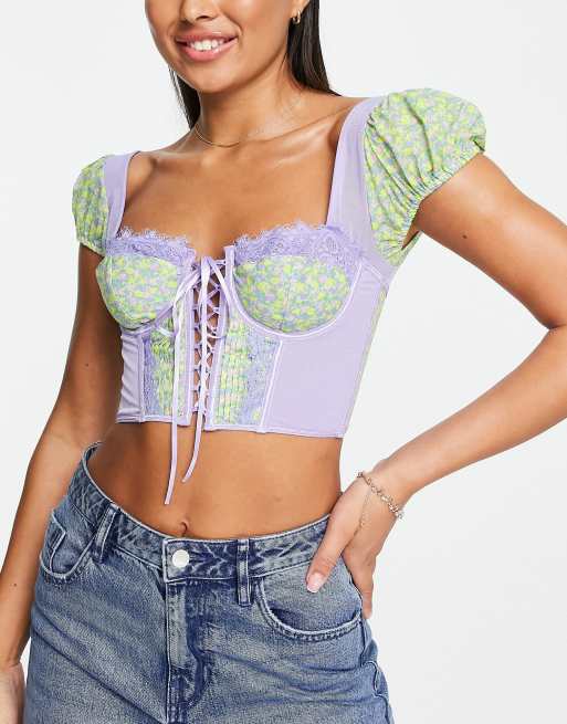 ASOS DESIGN - Tyler - Korset van mesh met beugel, mouwtjes en fijne bloemenprint 