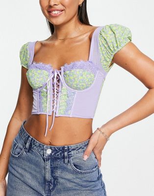 ASOS DESIGN Tyler mesh underwire corset with sleeve in ditsy floral
