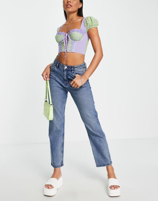 ASOS DESIGN – Tyler – Småblommig korsett med bygel och ärmar av mesh , 3 av 4