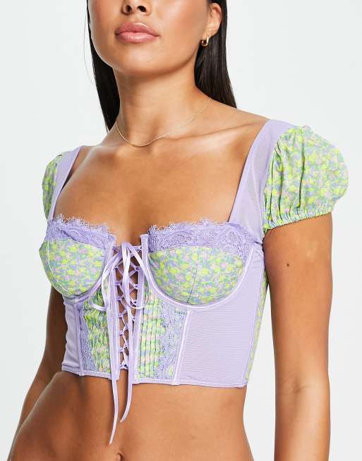 ASOS DESIGN – Tyler – Småblommig korsett med bygel och ärmar av mesh , 4 av 4