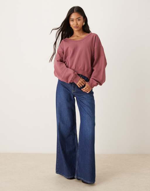 ASOS DESIGN U neck sweatshirt with seam detail in washed burgundy, 2 of 4