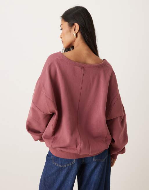 ASOS DESIGN U neck sweatshirt with seam detail in washed burgundy, 3 of 4