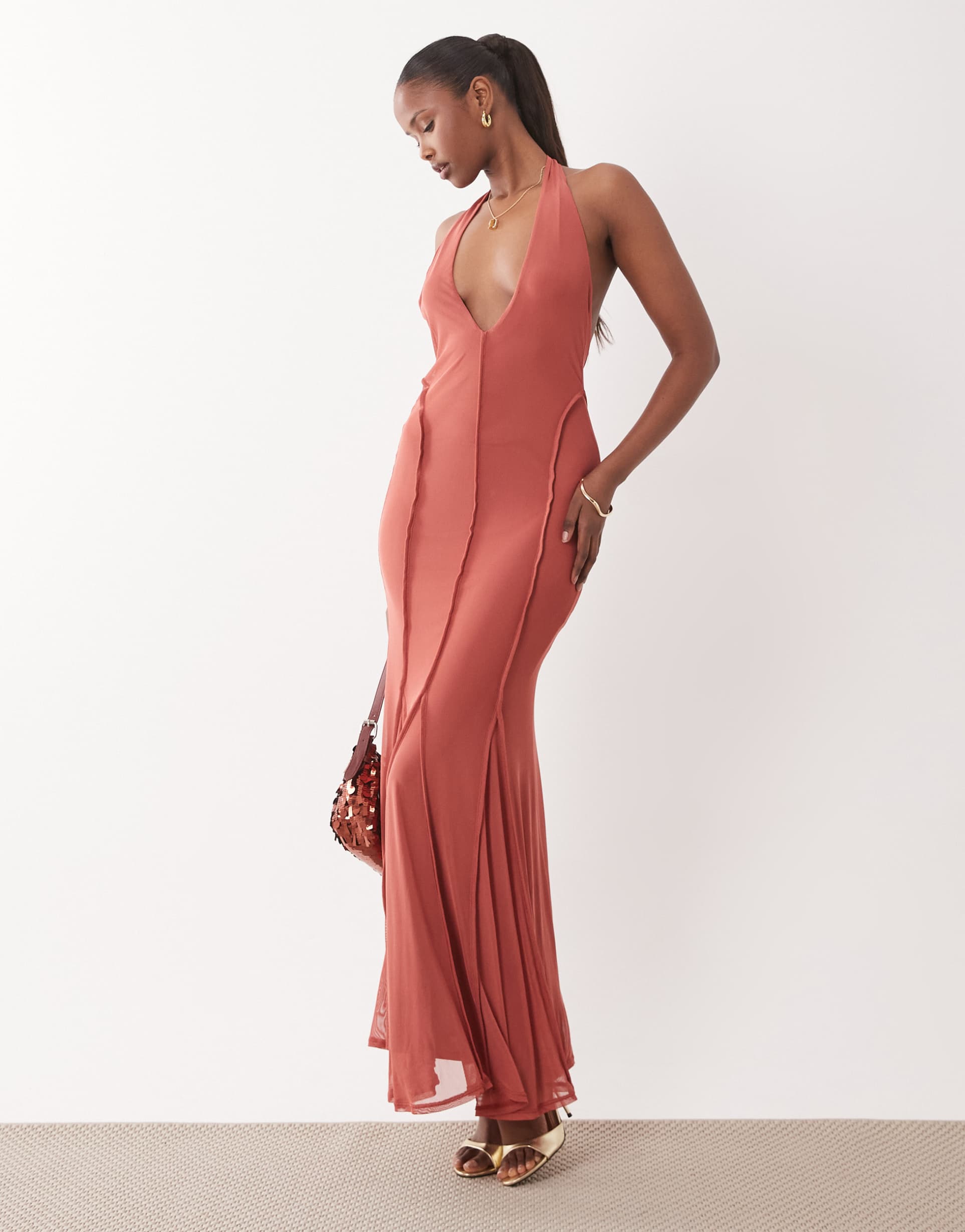 asos design u-shaped mesh halter with exposed seam detail maxi dress in burnt orange