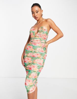 ASOS DESIGN u wire bandeau ruched midi dress in floral | ASOS