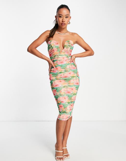 ASOS DESIGN U-wire bandeau ruched midi dress in floral