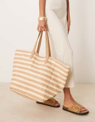 ASOS DESIGN - Überdimensionale Tragetasche aus Stroh mit naturfarbenen Streifen-Neutral