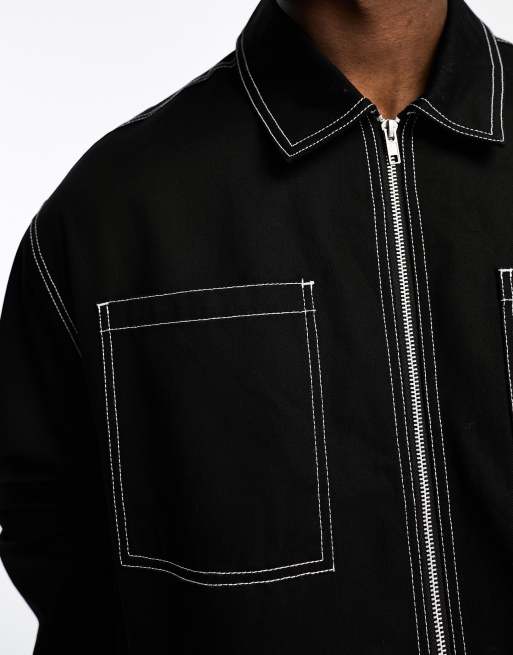 ASOS DESIGN – Übergroße Harrington-Jacke in Schwarz mit abgesetzten Ziernähten, 3 von 4