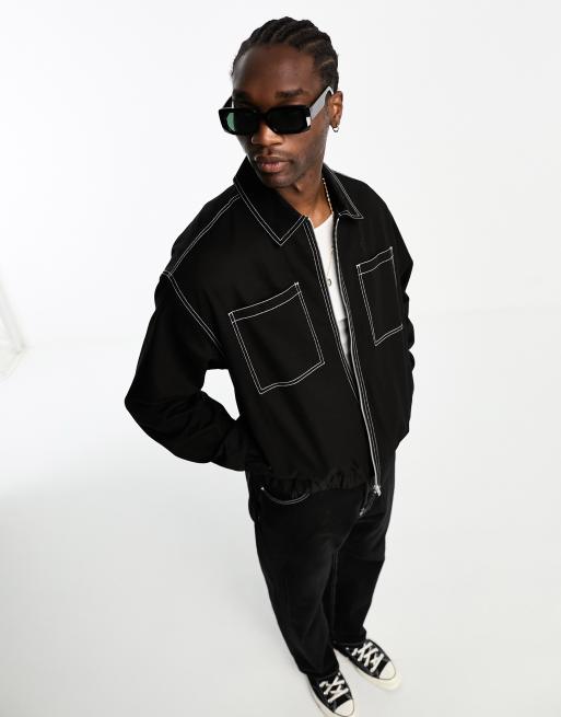 ASOS DESIGN – Übergroße Harrington-Jacke in Schwarz mit abgesetzten Ziernähten, 4 von 4