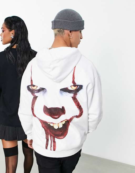 ASOS DESIGN – Übergroßer Unisex-Kapuzenpullover in Weiß mit „Es“-Clownprint 
