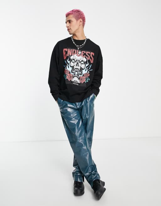 ASOS DESIGN – Übergroßes, langärmliges Shirt in Schwarz mit Band-Print, 4 von 4
