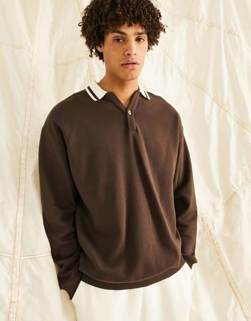 ASOS DESIGN – Übergroßes Rugby-Sweatshirt in Braun mit Polokragen und Zierstreifen