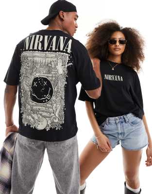 ASOS DESIGN - Übergroßes Unisex-T-Shirt in Schwarz mit „Nirvana"-Prints