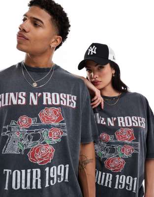 ASOS DESIGN - Übergroßes Unisex-T-Shirt in verwaschenem Schwarz mit „Guns-N'-Roses 1991 Tour"-Aufdruck