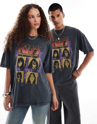 ASOS DESIGN - Übergroßes Unisex-T-Shirt in verwaschenem Schwarz mit lizenziertem „KISS"-Band-Print