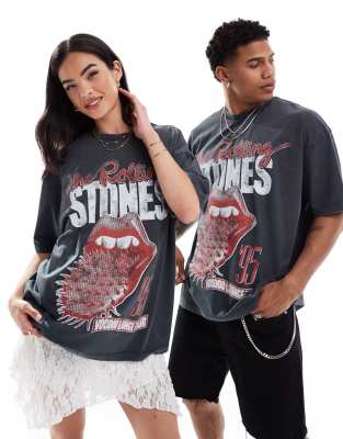 ASOS DESIGN - Übergroßes Unisex-T-Shirt in verwaschenem Schwarz mit lizenzierten „The Rolling Stones"-Prints