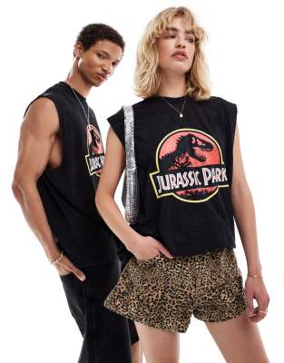 ASOS DESIGN - Übergroßes Unisex-Trägertop in verwaschenem Schwarz mit „Jurassic Park"-Print