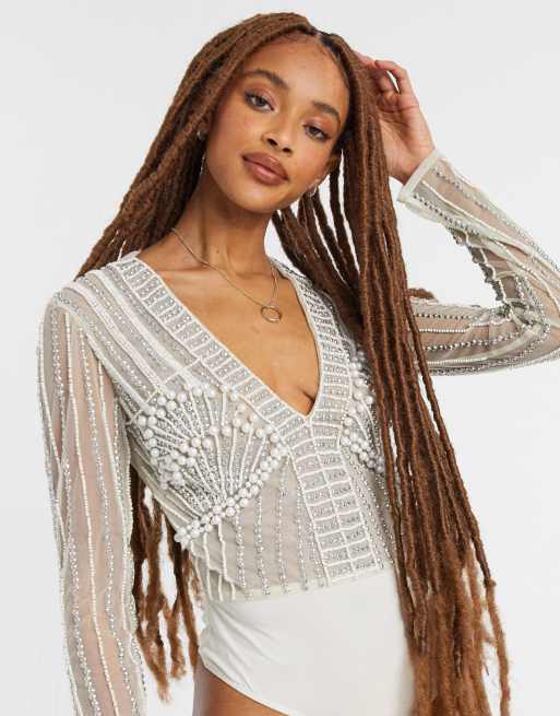 ASOS DESIGN - Udsmykket perle-bodystocking i hvid, 3 af 4