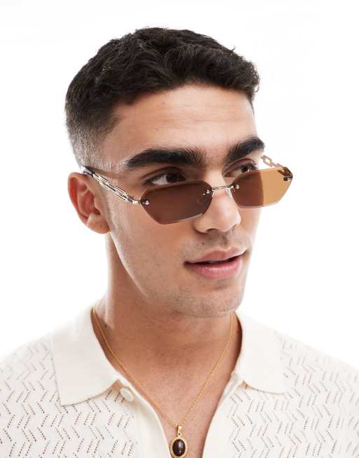 ASOS DESIGN - Uindfattede rektangulære solbriller med guldfarvede stænger og brune glas