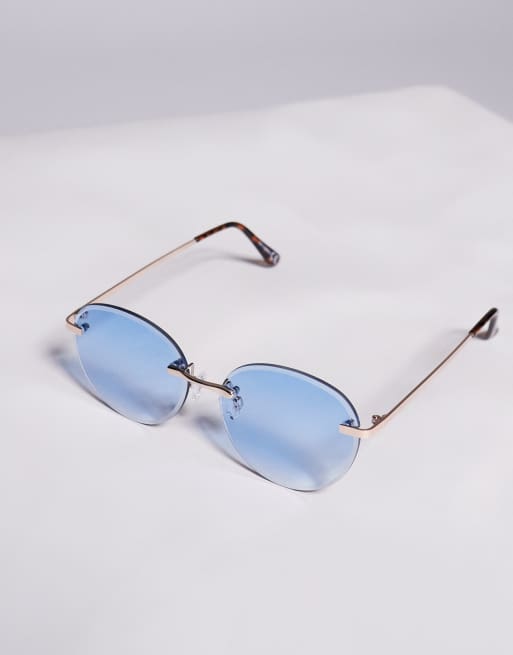 ASOS DESIGN - Uindfattede solbriller med blå ombre runde glas og guldfarvet metalstel  , 2 af 3
