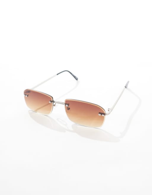 ASOS DESIGN - Uindfattede solbriller med brune glas og sølvfarvet smalt metalstel, 2 af 3