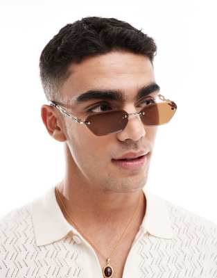 ASOS DESIGN - Uindfattede solbriller med brune rektangulære glas og guldfarvet metalstel - view 1