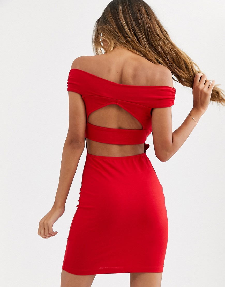 ASOS DESIGN - Uitgaan - Korte bardot-jurk met uitsnijding op de rug-Rood