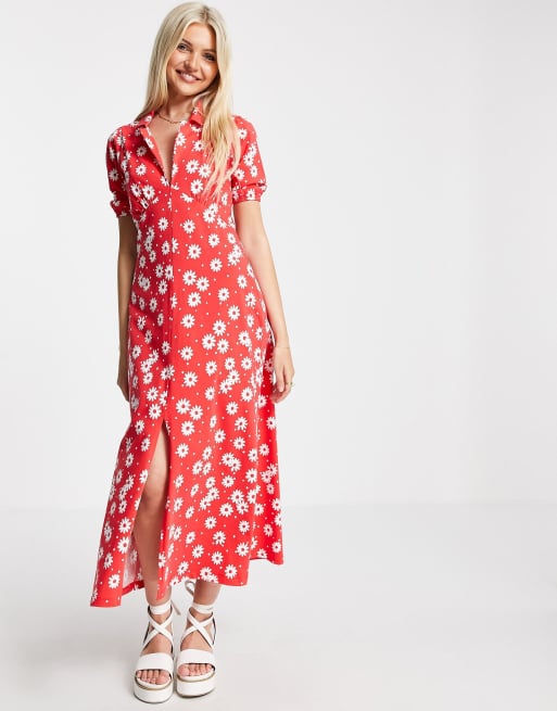ASOS DESIGN - Ultieme nette midi-jurk in rood met bloemenprint 